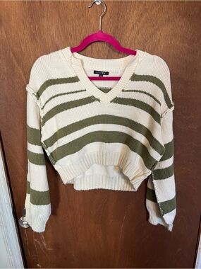 Papermoon Cream & Olive Striped V-Neck Cropped Sweater
